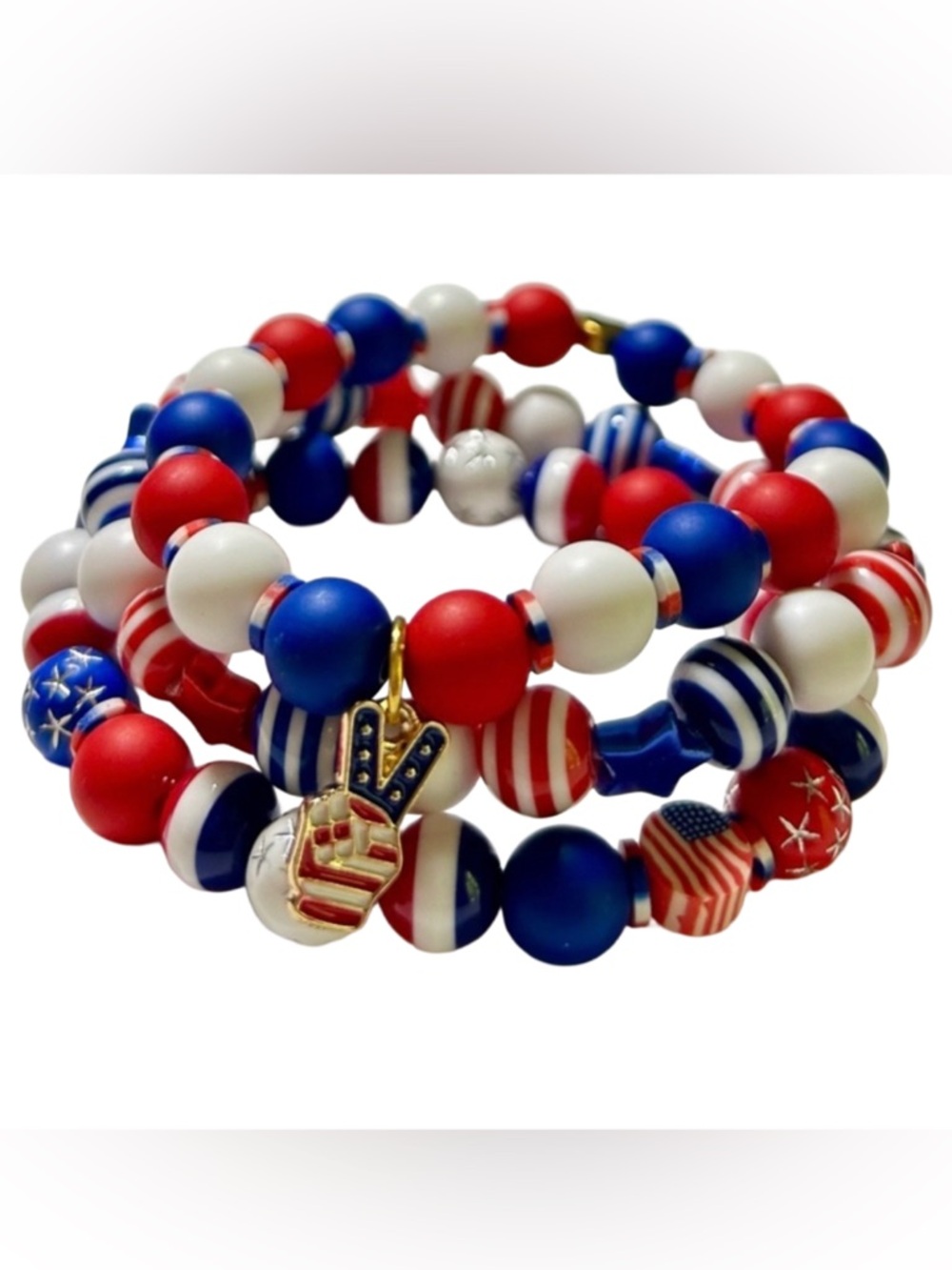 Handmade Red, White & Blue Beaded Bracelet Set